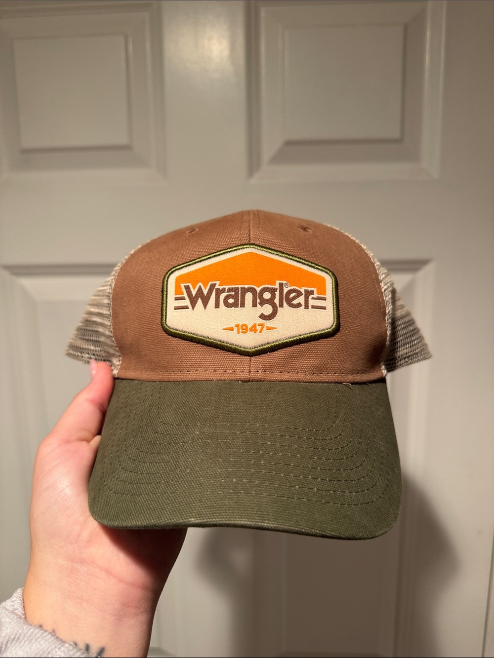 Wrangler brown, olive & beige trucker cap with orange logo